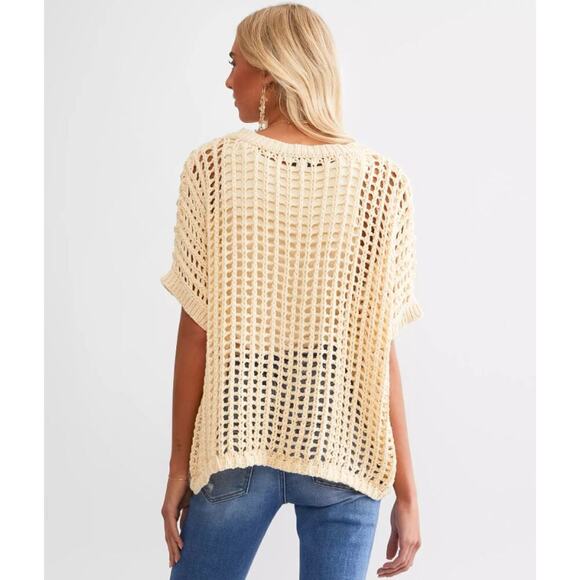 HYFVE Open Stitch Boxy Sweater Beige Crochet Knit Pullover Sweater Top Women's S - Picture 4 of 13